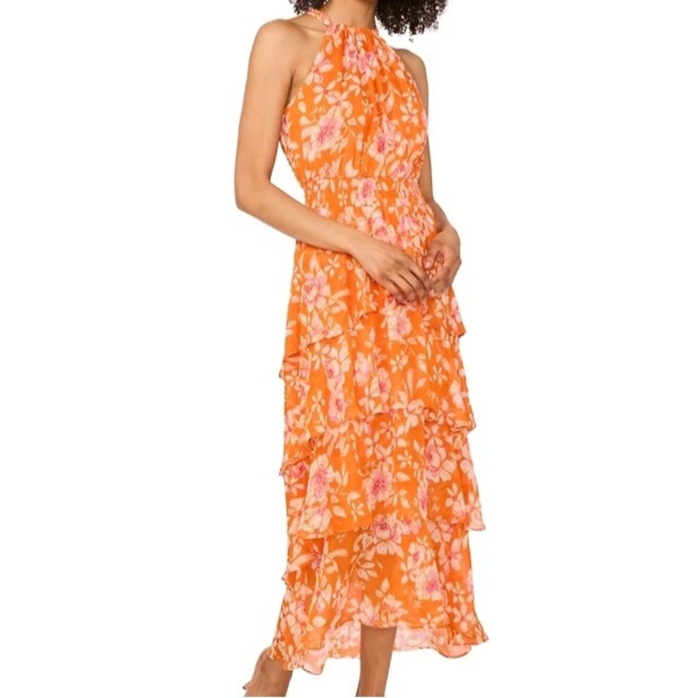 Sam & Jess Ruffle Neck Smocked Waist Maxi Coral Multi‎ Dress Womens Size M NWT